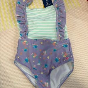 Ruffle Butts Purple Floral and Mint Striped Swimsuit